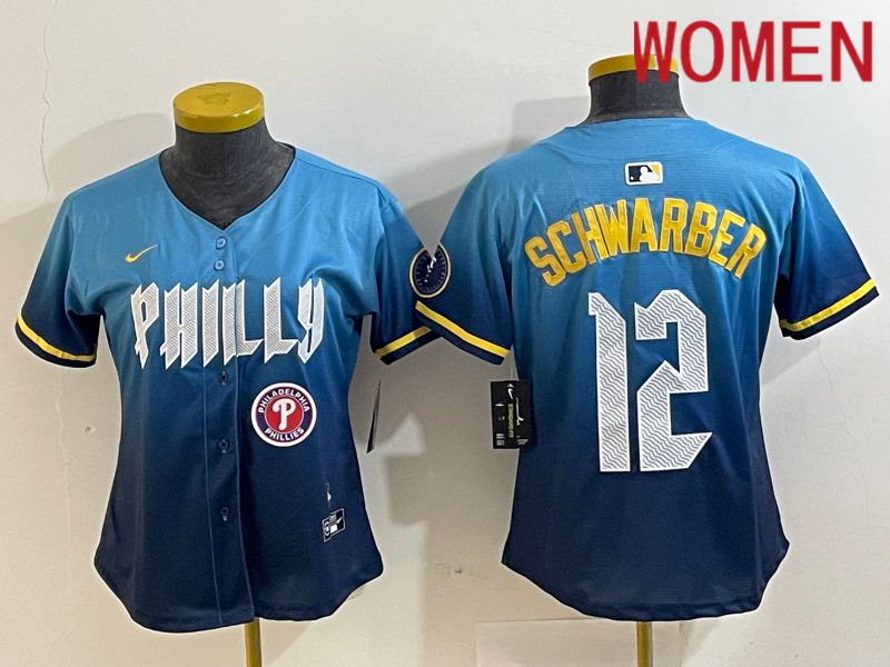 Women Philadelphia Phillies 12 Schwarber Blue City Edition Nike 2024 MLB Jersey style 4